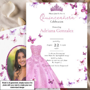 Pink Butterflies Dress and Tiara Photo Quinceanera Invitation