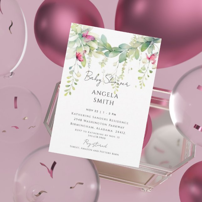 Pink Butterflies Dripping Foliage Baby Shower Invitation (Creator Uploaded)