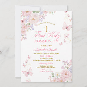 Pink Butterflies Dusty Floral First Holy Communion Invitation