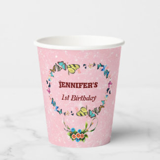 pink butterflies floating Girls 1st birthday party Paper Cups
