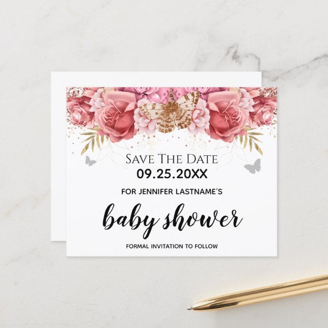 Pink Butterflies Floral Baby Shower Save the Date (Front/Back In Situ)