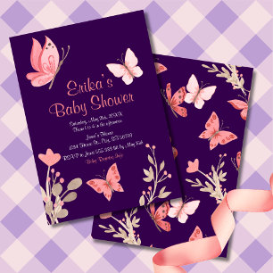 Pink Butterflies Floral Purple Baby Shower Invitation