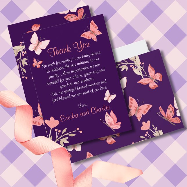Pink Butterflies Floral Purple Baby Shower Thank You Card (Creator Uploaded)