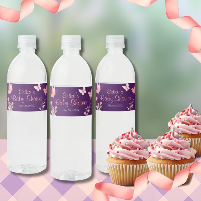 Pink Butterflies Floral Purple Baby Shower Water Bottle Label (Creator Uploaded)