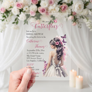 Pink Butterflies Floral Wedding Gown Bridal Shower Acrylic Invitations
