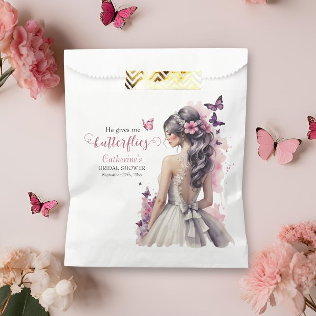 Pink Butterflies Floral Wedding Gown Bridal Shower Favour Bags (Creator Uploaded)