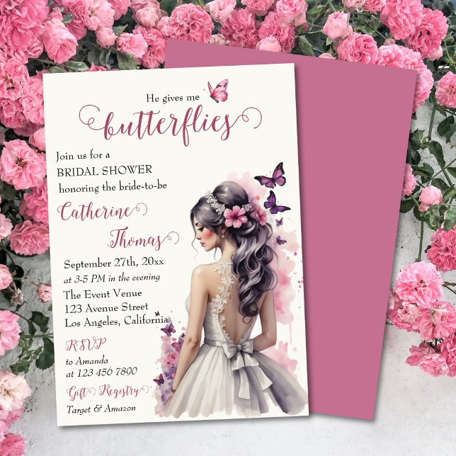 Pink Butterflies Floral Wedding Gown Bridal Shower Invitation (Creator Uploaded)