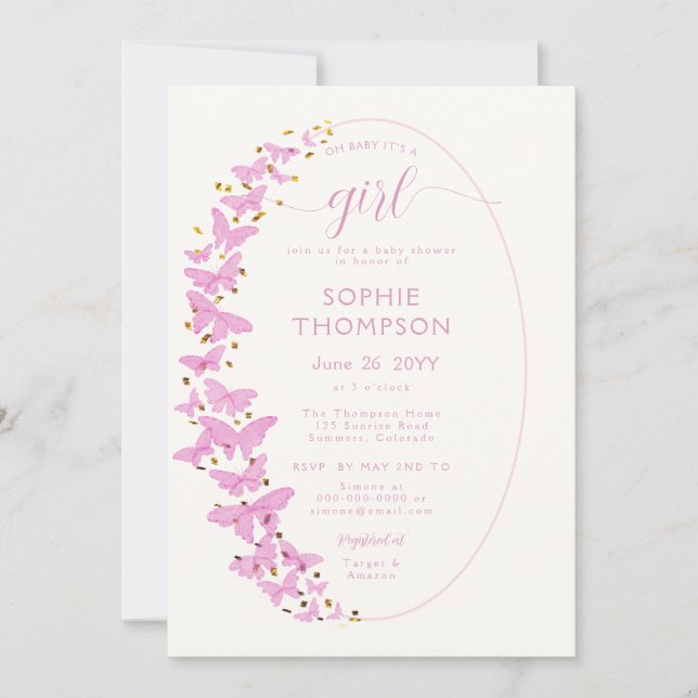 Pink Butterflies Frame Gold Chic Girl Baby Shower Invitation (Front)