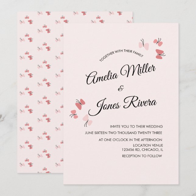 Pink Butterflies Garden Romantic Wedding  Invitation (Front/Back)