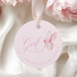 Pink Butterflies Girl Baby Shower Favor Tags