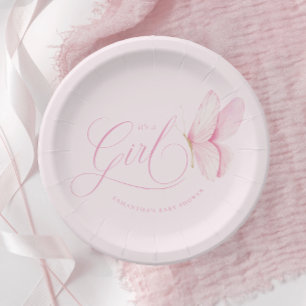 Pink Butterflies Girl Baby Shower Paper Plates