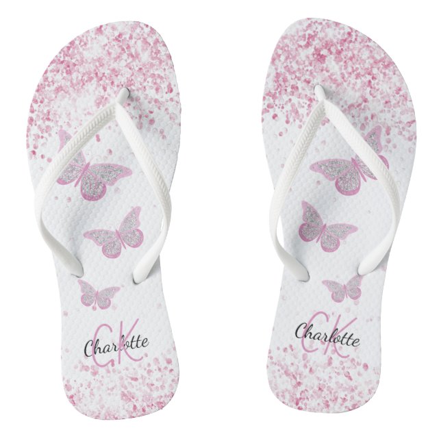 Pink butterflies glitter white name monogram jandals (Footbed)