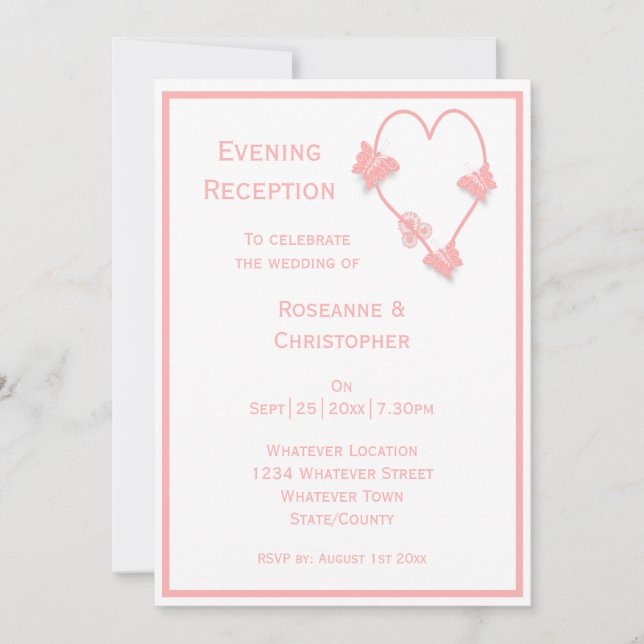 Pink Butterflies Heart Wedding Reception Invitation (Front)