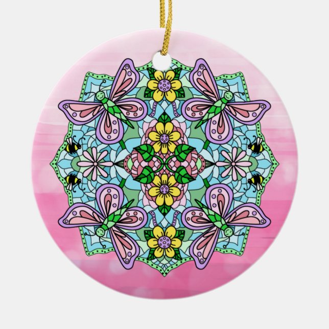 Pink Butterflies Mandala Christmas    Ceramic Tree Decoration (Front)