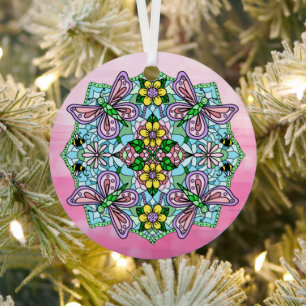 Pink Butterflies Mandala Christmas Metal Tree Decoration