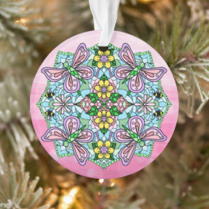Pink Butterflies Mandala Christmas Ornament