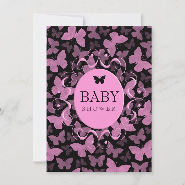 Pink Butterflies on Black Invitation (Front)