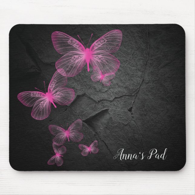 Pink Butterflies On Black Rock Mouse Pad (Front)