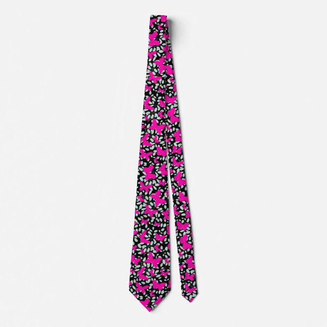 Pink Butterflies on plants Black BG Tie (Front)