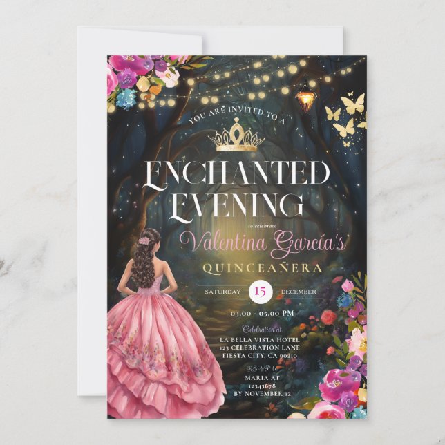 Pink Butterflies Quinceañera 15 Anos Flowers Gold  Invitation (Front)
