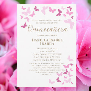 Pink Butterflies Quinceañera Gold Custom Invitation