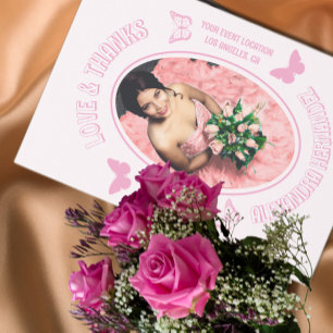Pink Butterflies Quinceanera Thank You Card