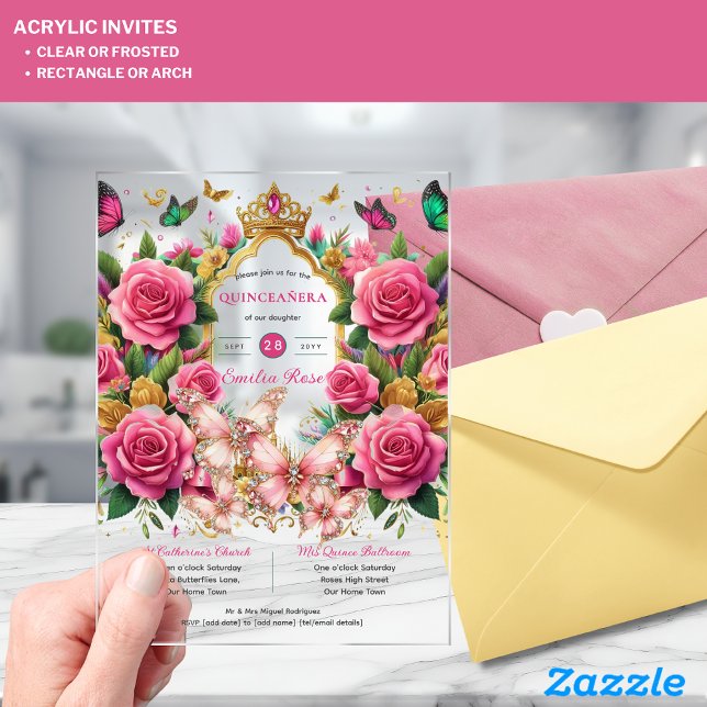 Pink Butterflies QUINCEANERA Tiara Floral Roses Acrylic Invitations (Creator Uploaded)