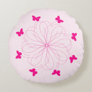 Pink Butterflies Round Pillow Heart Flowers