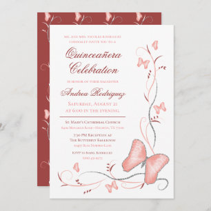 Pink Butterflies & Swirls Quinceanera Invitation