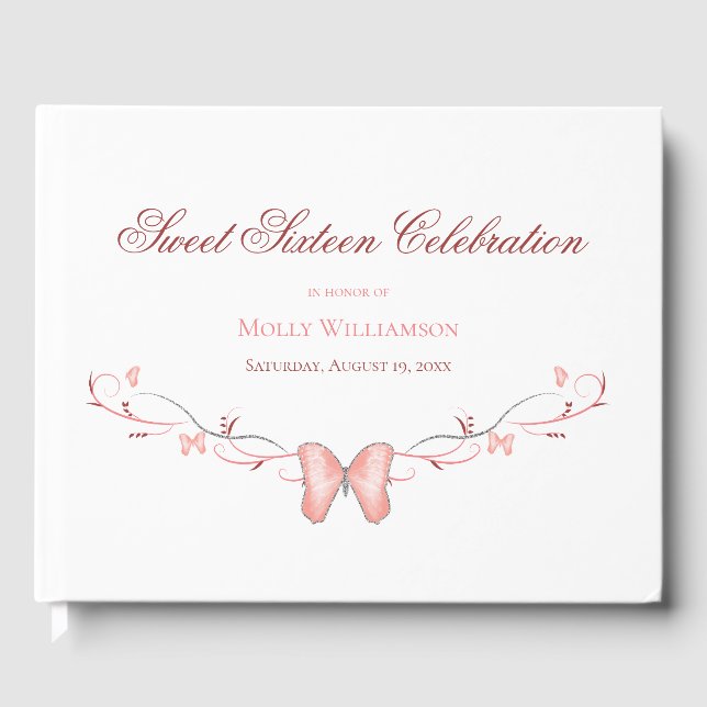 Pink Butterflies & Swirls Sweet 16 Guest Book (Front)