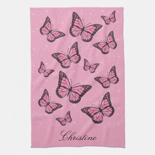 pink butterflies tea towel (Vertical)