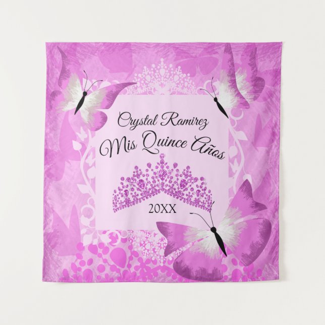 Pink Butterflies, Tiara Quinceanera Wall Drape Tapestry (Front)