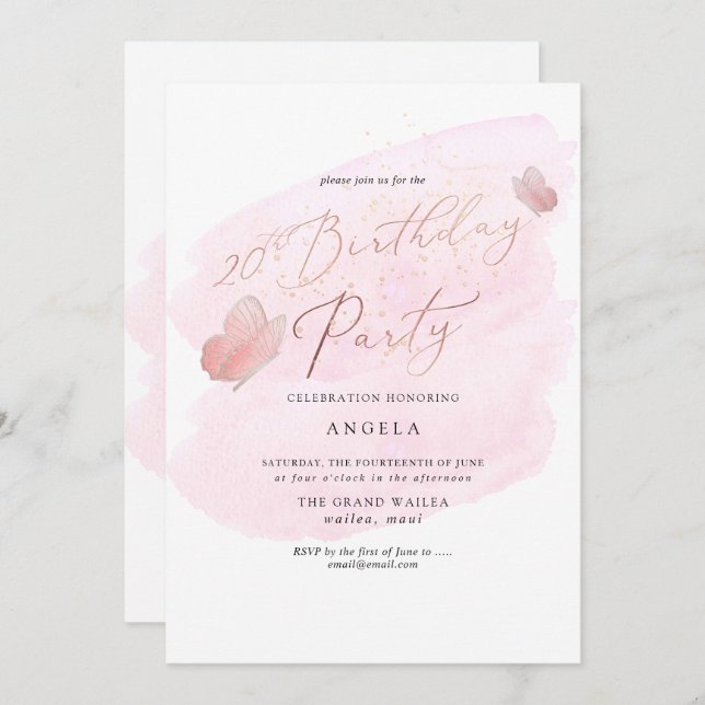 Pink Butterflies Watercolor Champagne 20 DIY YEAR Invitation (Front/Back)