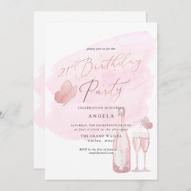 Pink Butterflies Watercolor Champagne 21 DIY YEAR Invitation (Front/Back)