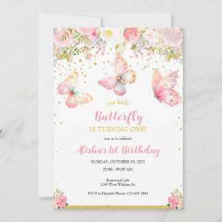 Pink Butterfly 1st Birthday Invitation