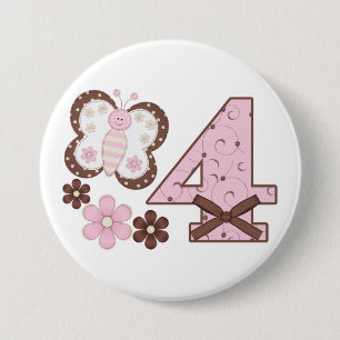 Pink Butterfly 4th Birthday Button