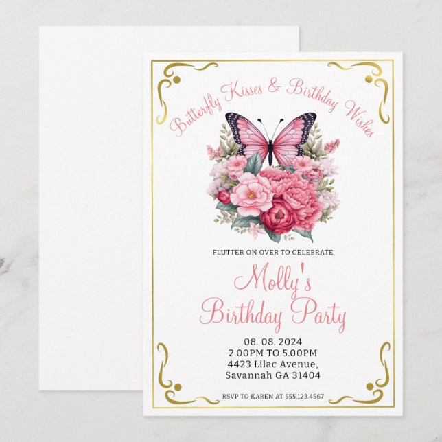 Pink Butterfly and Flowers Any Age Birthday Party  Invitation (Front/Back)