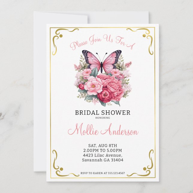Pink Butterfly and Flowers Bridal Shower  Invitation (Front)