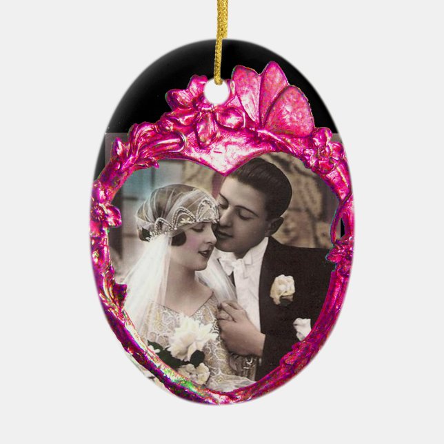 PINK BUTTERFLY AND FLOWERS  HEART PHOTO TEMPLATE CERAMIC TREE DECORATION (Front)