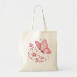 Pink Butterfly and Flowers Tote Bag