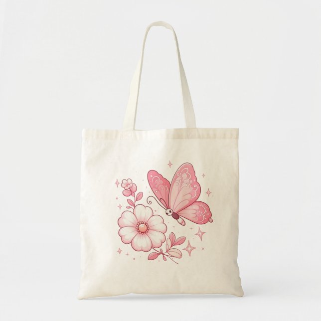 Pink Butterfly and Flowers Tote Bag (Front)