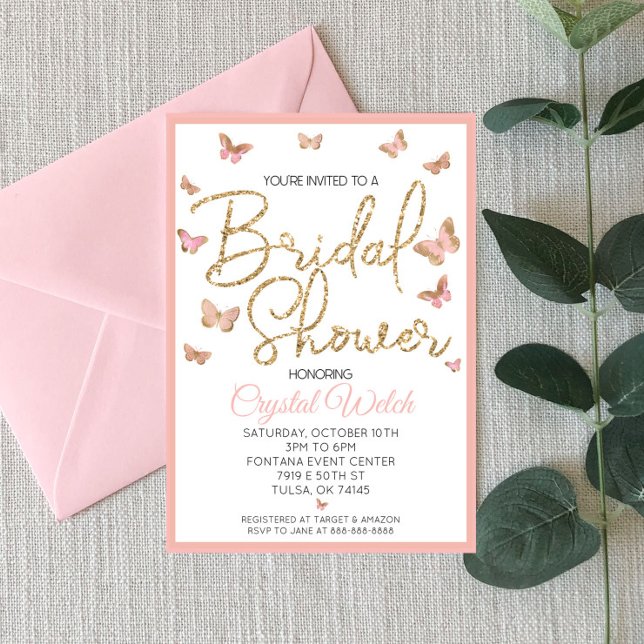Pink Butterfly and Gold Glitter Bridal Shower Invitation (Creator Uploaded)