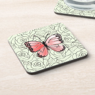 Pink Butterfly And Roses Art - Choose Color Coaster