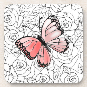 Pink Butterfly And Roses Art - Choose Colours Coaster