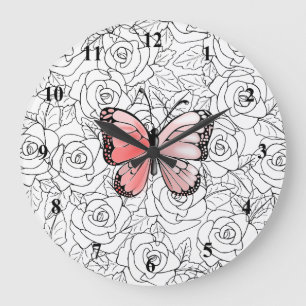 Pink Butterfly And Roses Art Large Clock