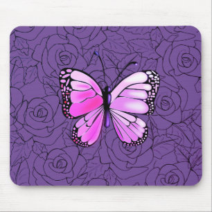 Pink Butterfly And Roses Art - Mouse Pad