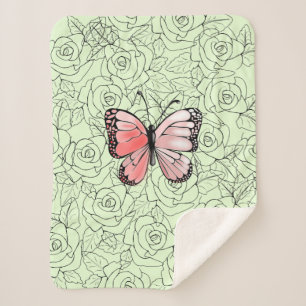 Pink Butterfly And Roses Art    - Sherpa Blanket