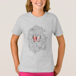 Pink Butterfly And Roses Art T-Shirt