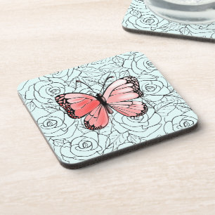 Pink Butterfly And Roses Beverage Coaster