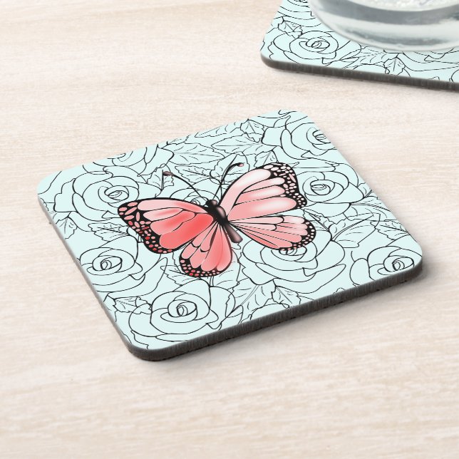 Pink Butterfly And Roses Beverage Coaster (Left Side)